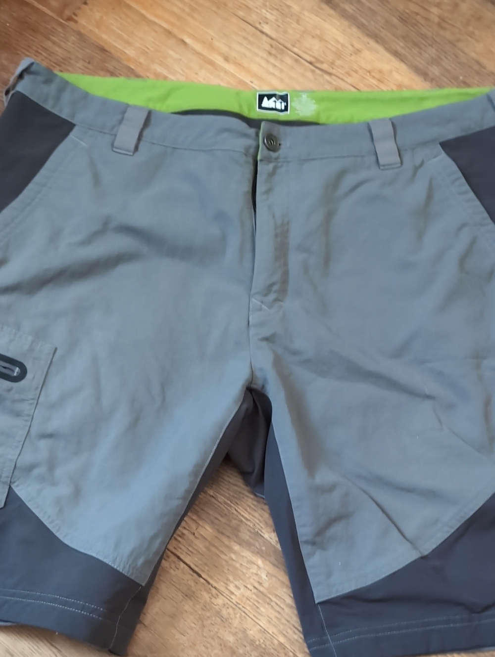 REI Men’s Gray Cargo Shorts with Black Accents and Green Waistband